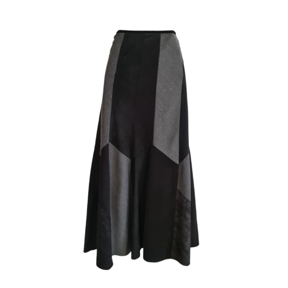 Per Una Midi Skirt Size 16R Black Flippy Panelled Glen Check Cord Lace Boho - Picture 9 of 15